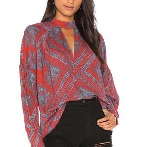 Free People Boho Red Printed Long Sleeve Blouse Keyhole Neck Flowy Festival Top